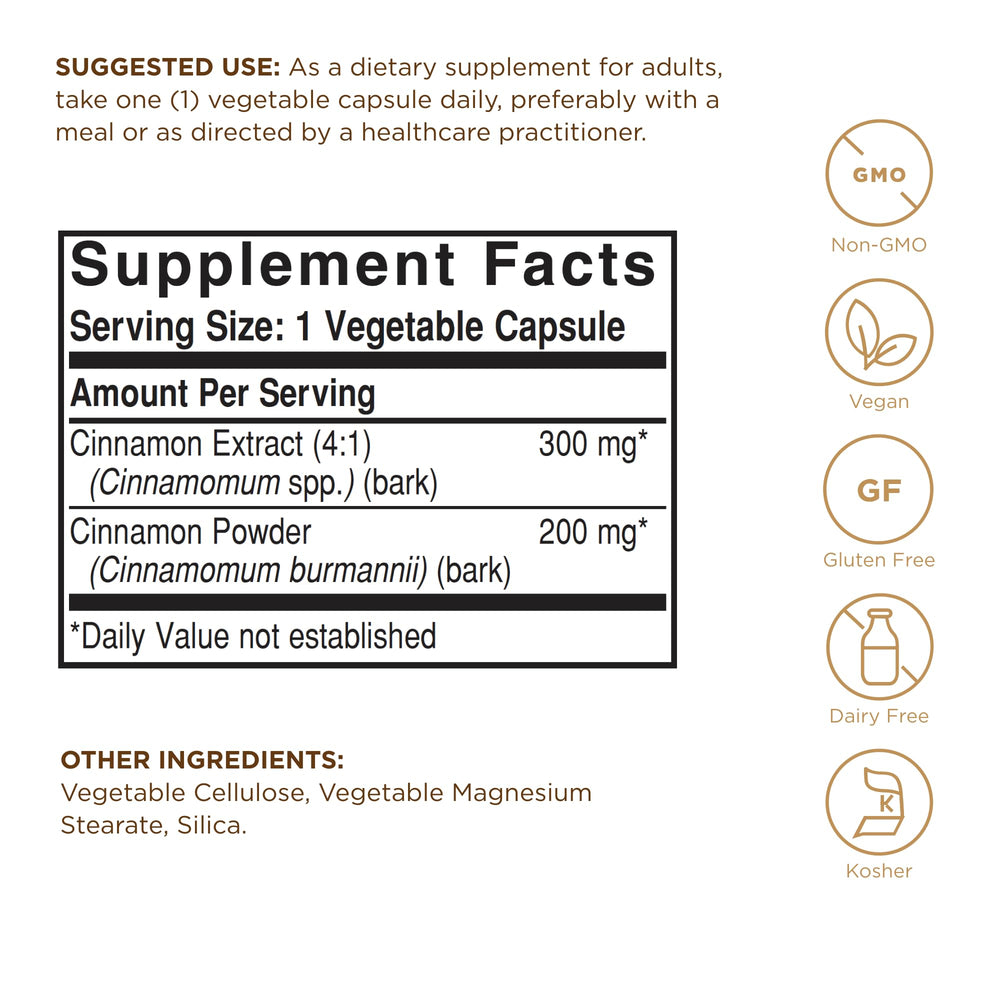 Solgar Cinnamon bottle back panel with supplement facts