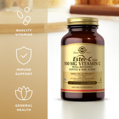 Solgar Ester-C Plus packaging showing Non-GMO, Vegan, Gluten Free, Kosher labels