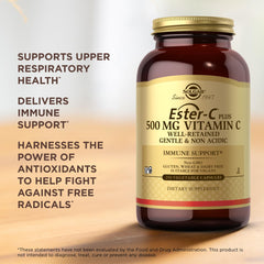 Solgar Ester-C Plus 500 mg Vitamin C bottle highlighting non-GMO, vegan, gluten-free