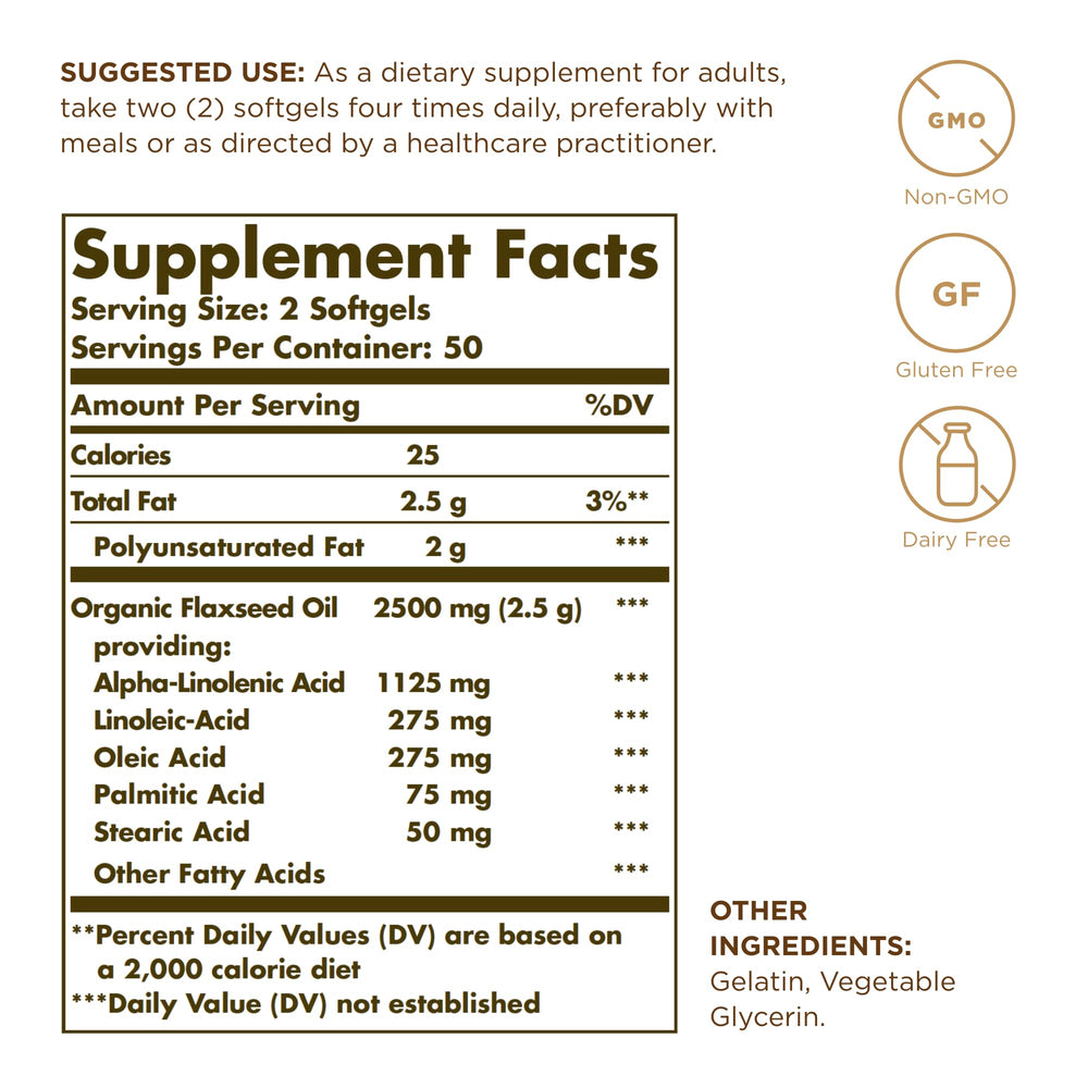 Close-up of Solgar Flaxseed Oil 1250 mg bottle label