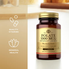 Close-up of Solgar Folate 1000 mcg Metafolin bottle