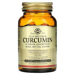 Close-up of Solgar Full Spectrum Curcumin LiCaps capsules and powder