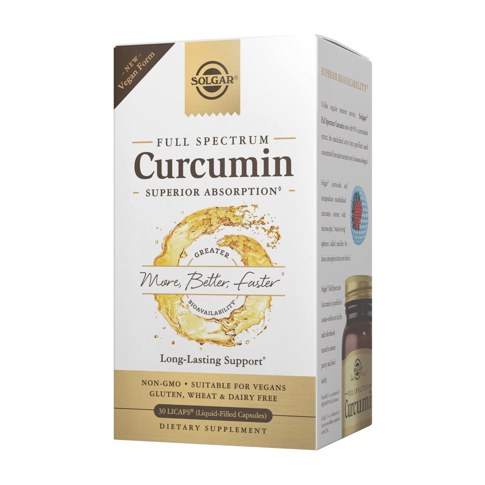 Front view of Solgar Full Spectrum Curcumin Liquid Extract Softgels bottle, 30 count