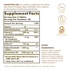 Solgar glucosamine chondroitin tablets close-up label highlights non-GMO and gluten-free.