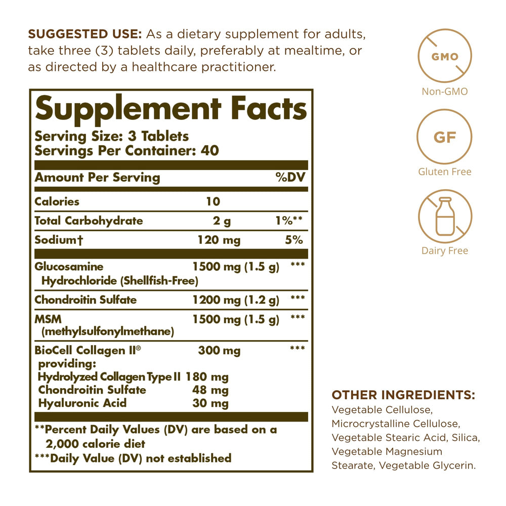 Solgar Glucosamine Hyaluronic Acid Chondroitin MSM bottle side view