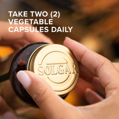 Non-GMO, vegan, gluten-free, dairy-free, kosher icons on Solgar label