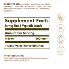 Close-up of Solgar Inositol 500 mg label on bottle