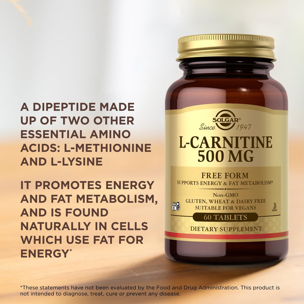 Solgar L-Carnitine 500 mg vegan packaging highlighting gluten and dairy free