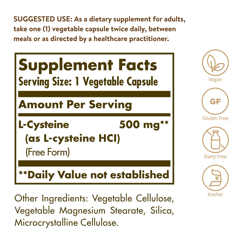 Close-up of Solgar L-Cysteine 500 mg vegetable capsules