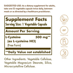 Close-up of Solgar L-Cysteine 500 mg vegetable capsules