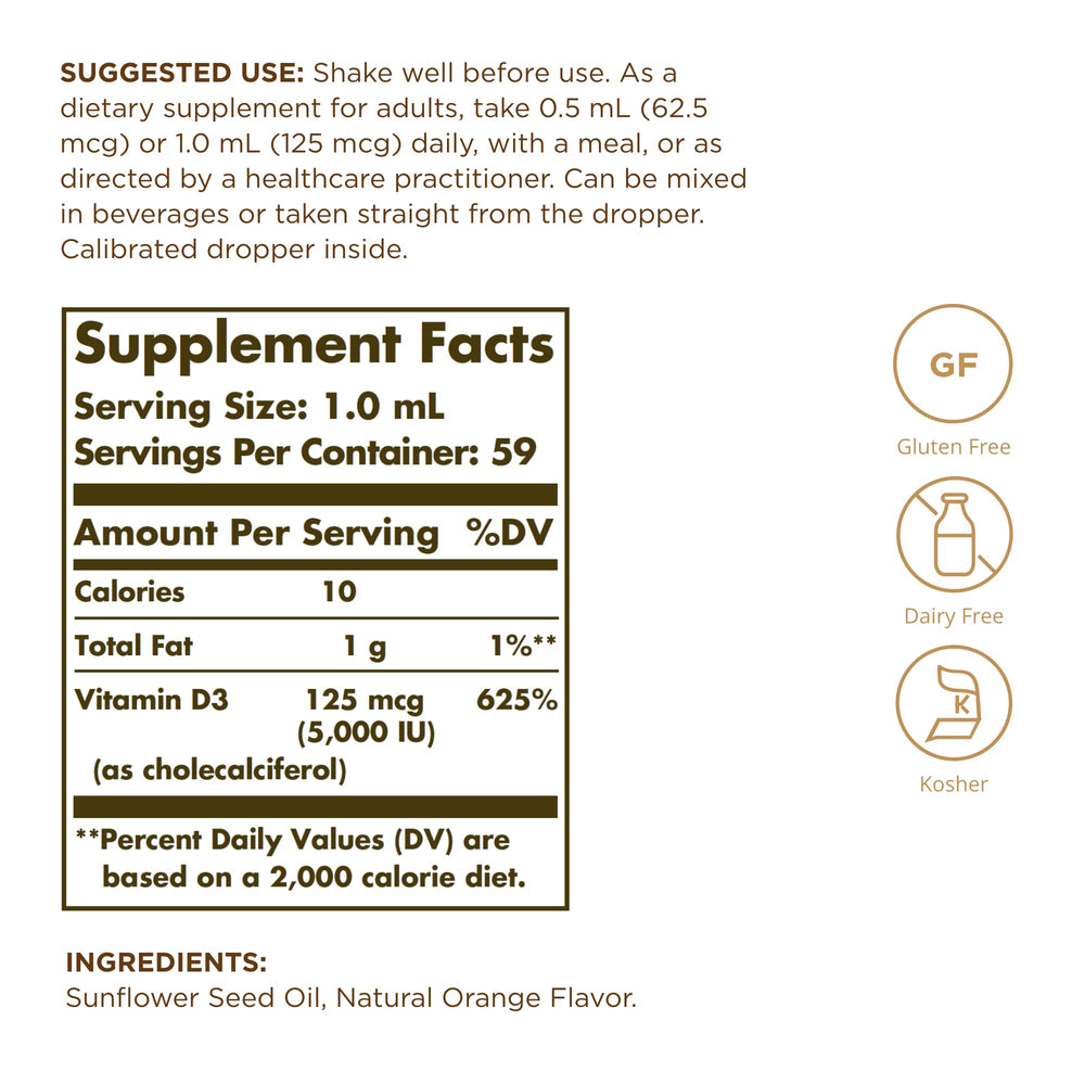 Close-up of Solgar Vitamin D3 orange flavor bottle label