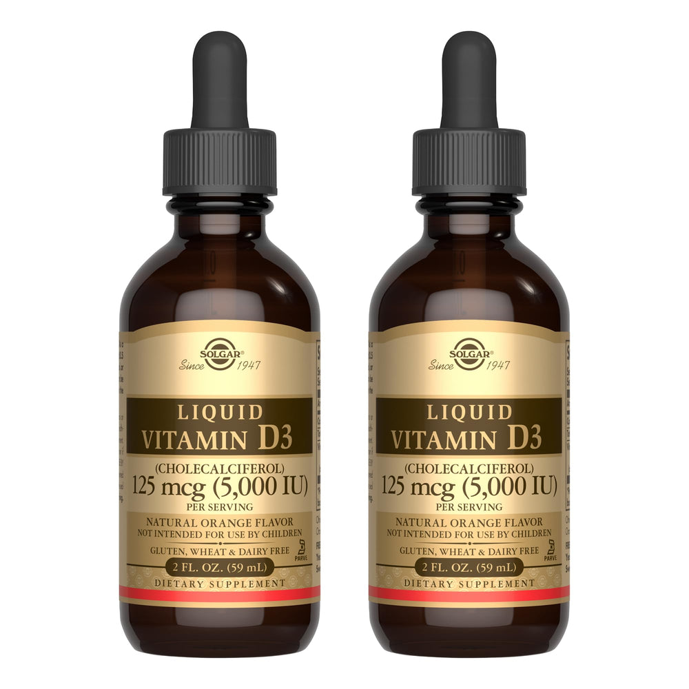 Solgar Liquid Vitamin D3 125 mcg (5,000 IU) orange liquid in amber bottle