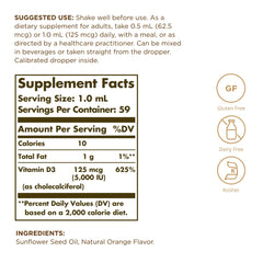 Close-up of Solgar Vitamin D3 orange flavored liquid bottle