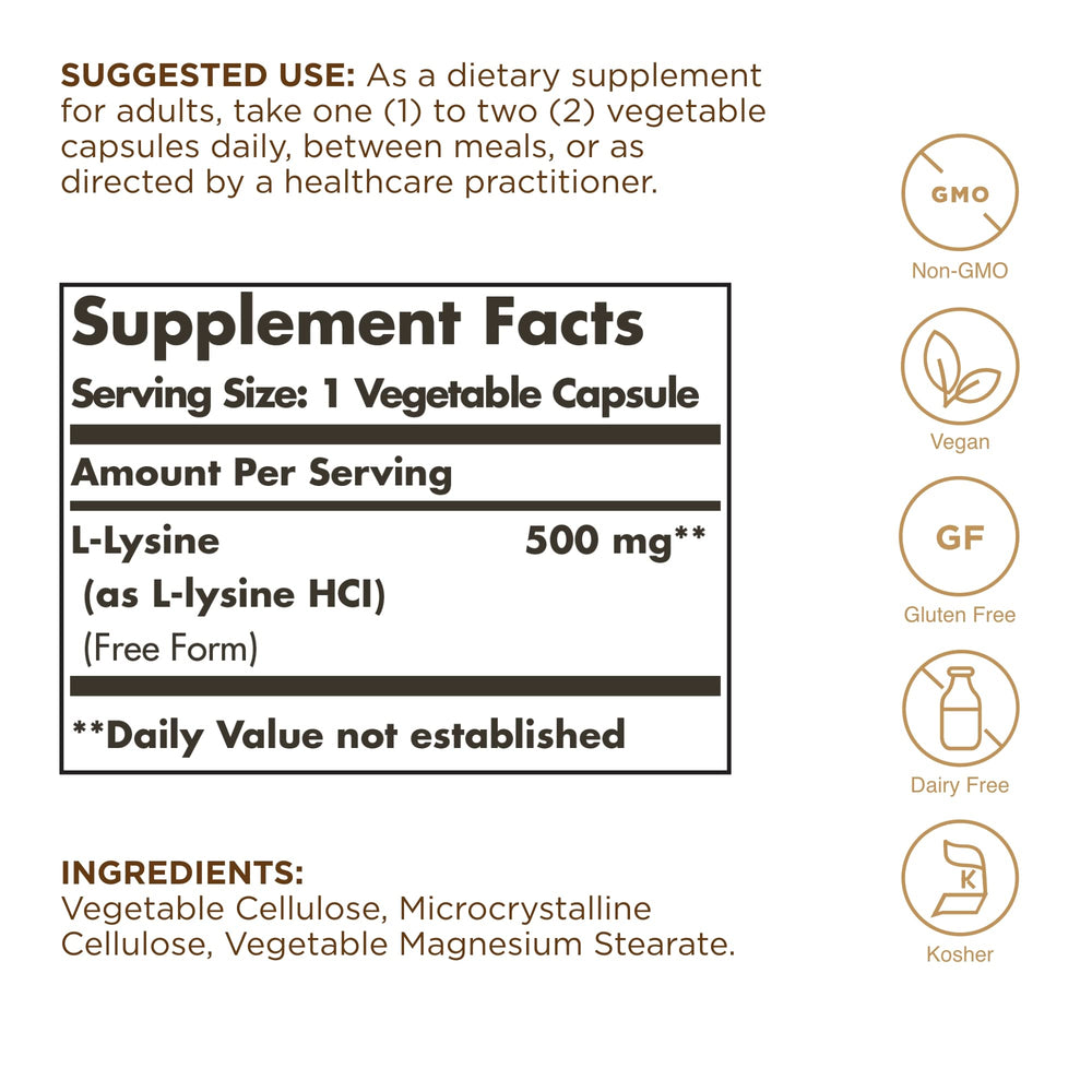 Solgar L-Lysine 500 mg bottle - side view