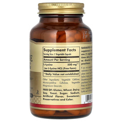 Nutrition facts panel of Solgar L-Lysine 500 mg