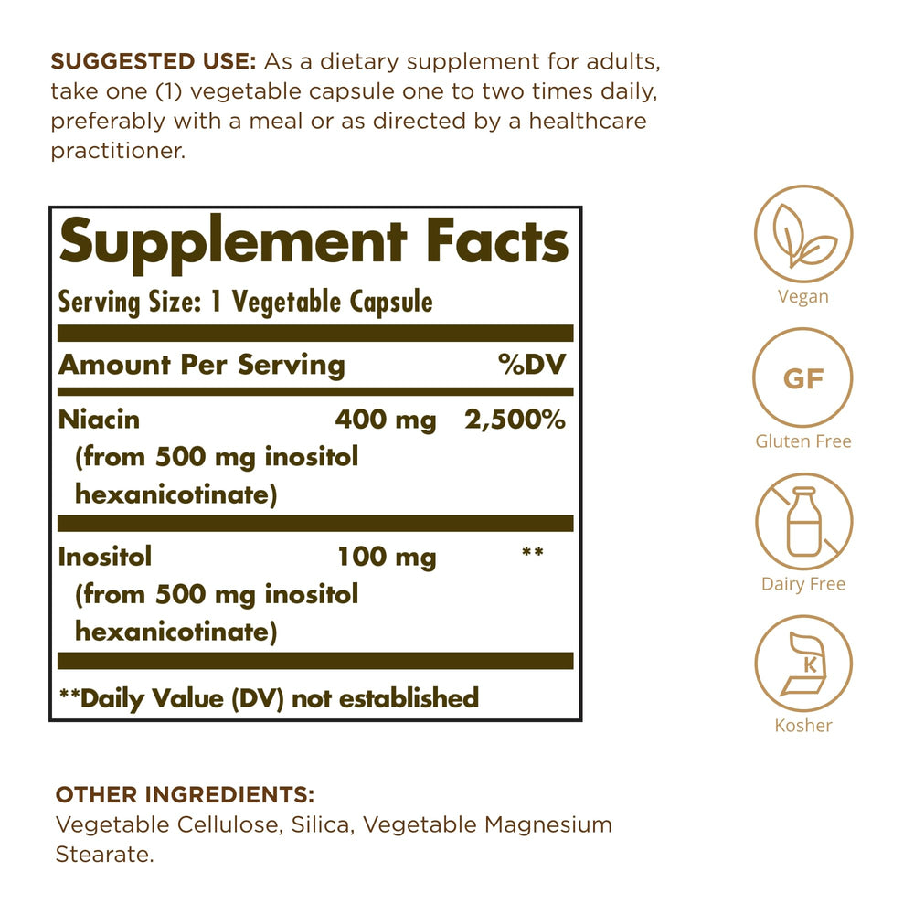 Close-up of Niacin 400 mg per serving as inositol hexanicotinate on bottle