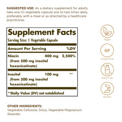 Close-up of Niacin 400 mg per serving as inositol hexanicotinate on bottle
