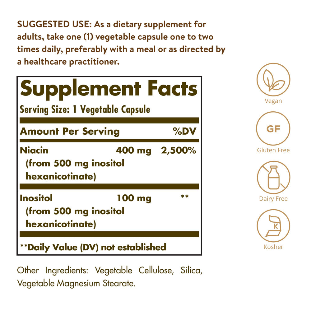 Close-up of Solgar No-Flush Niacin 500 mg capsules