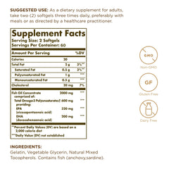 Close-up of Solgar omega-3 softgels showing 2000 mg concentrate