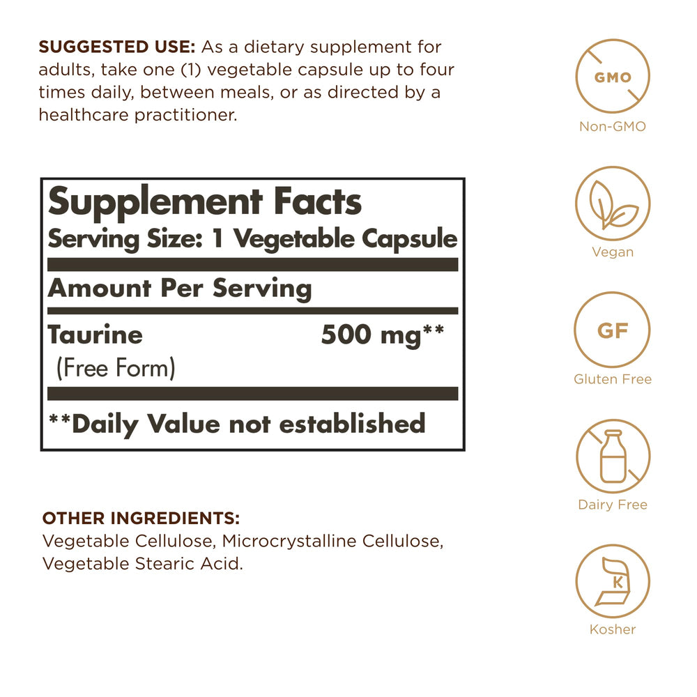 Close-up of Solgar Taurine 500 mg vegetarian capsules