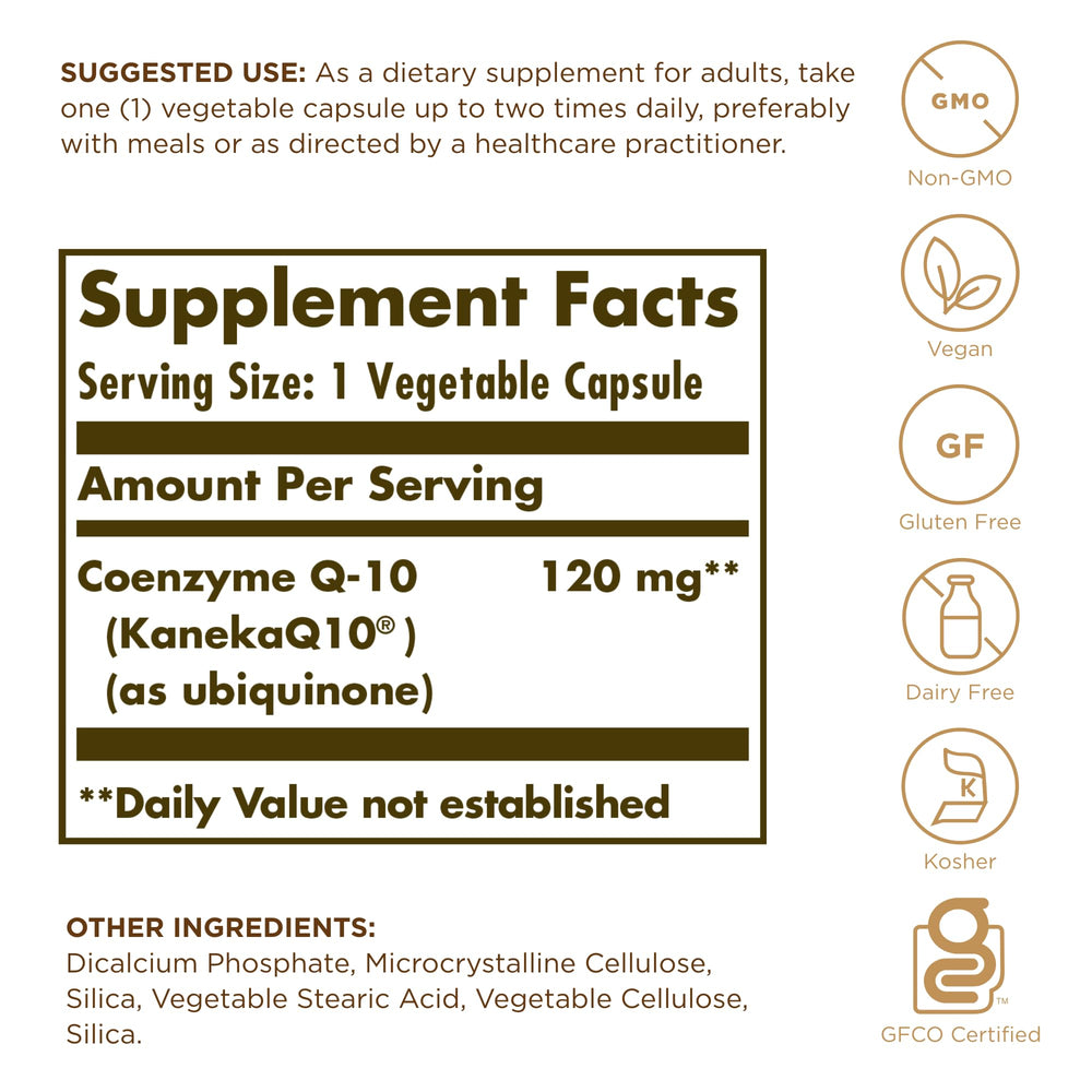 Close-up of the Solgar Vegan CoQ-10 label showing 120 mg per capsule.