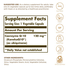 Close-up of the Solgar Vegan CoQ-10 label showing 120 mg per capsule.
