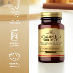 Solgar Vitamin B12 500 mcg showing vegan, kosher, gluten-free icons