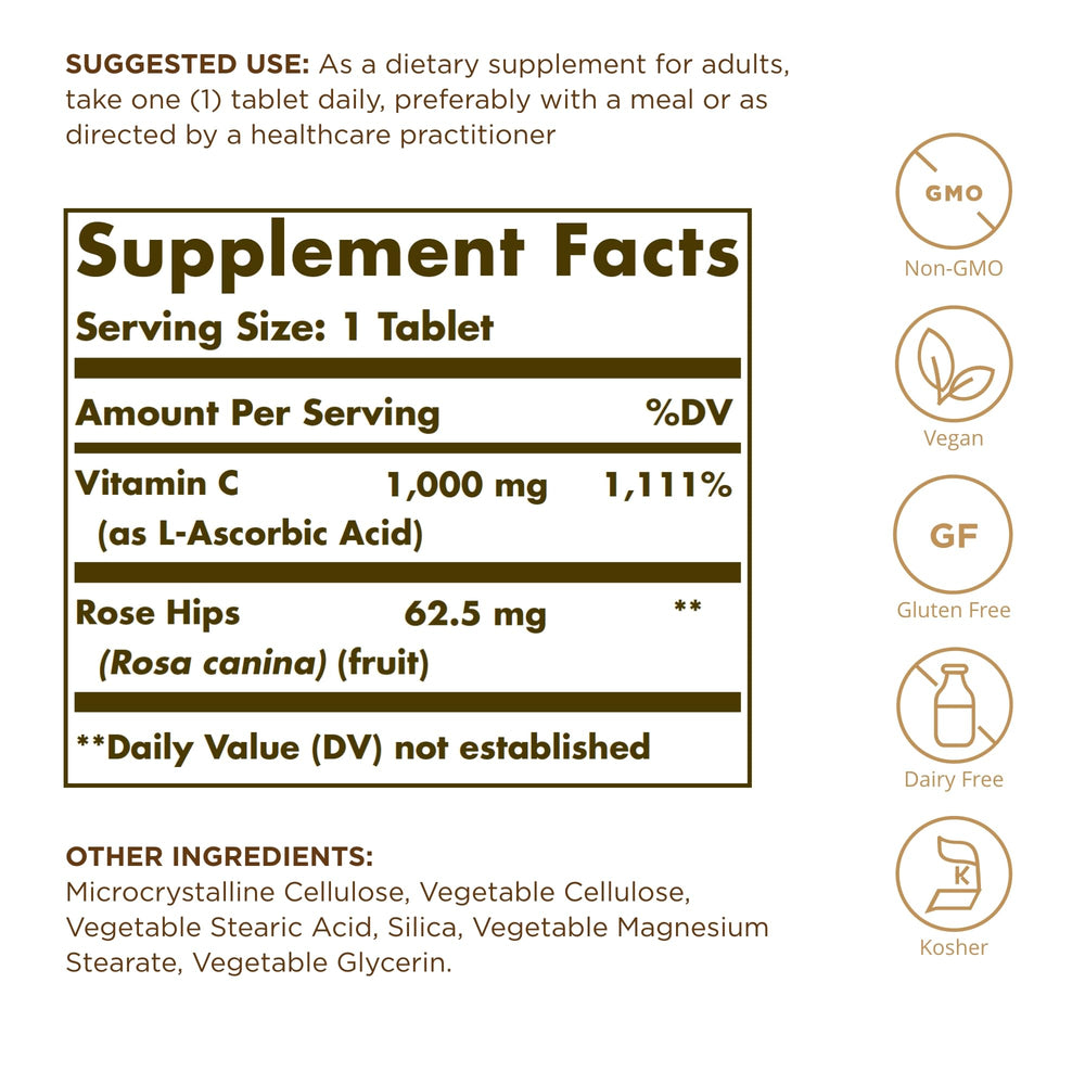 Solgar Vitamin C 1000 mg with Rose Hips label highlighting non-GMO and vegan
