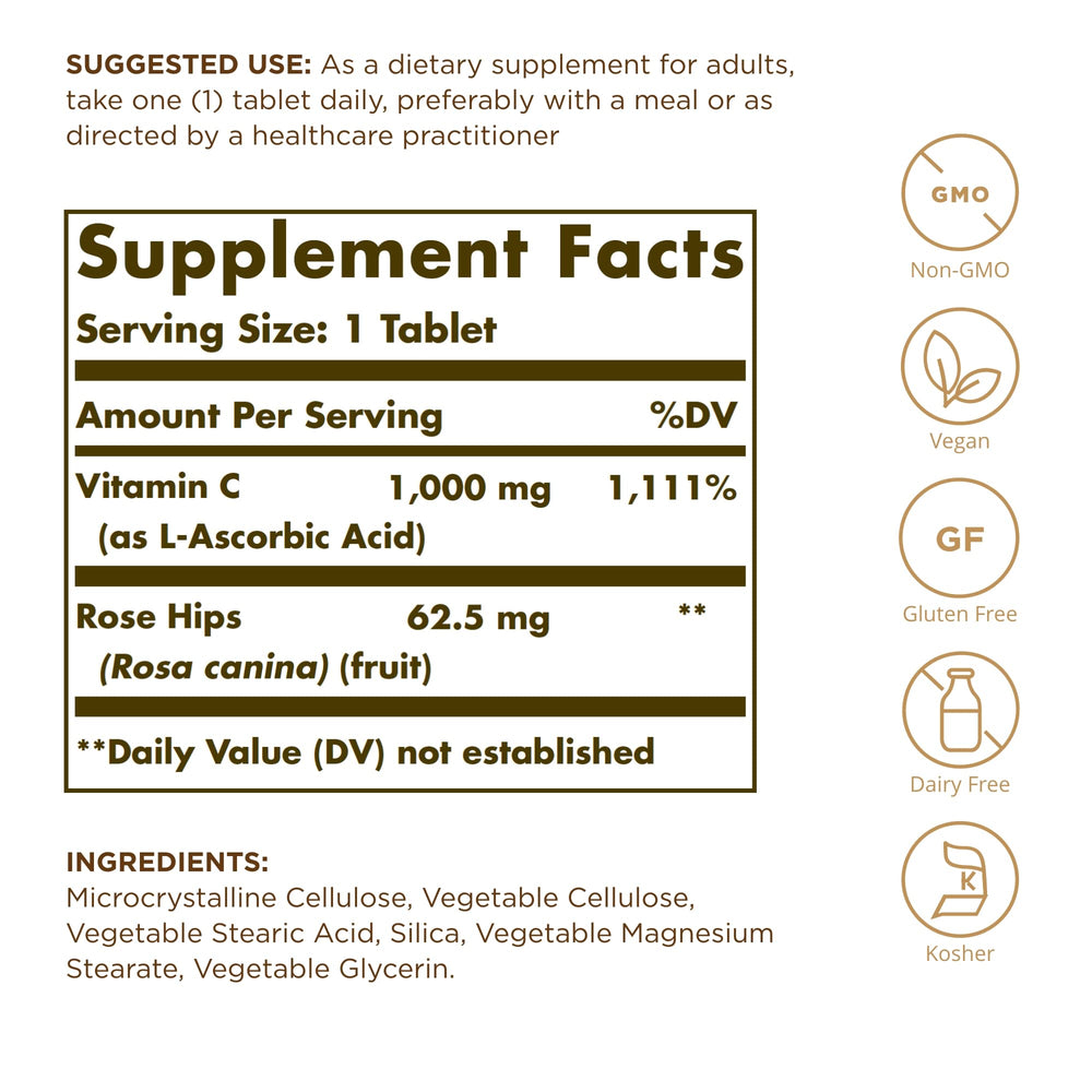 Two Solgar Vitamin C 1000 mg with Rose Hips bottles