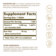 Solgar Vitamin C 1500 mg with Rose Hips tablets closeup highlights antioxidant protection.
