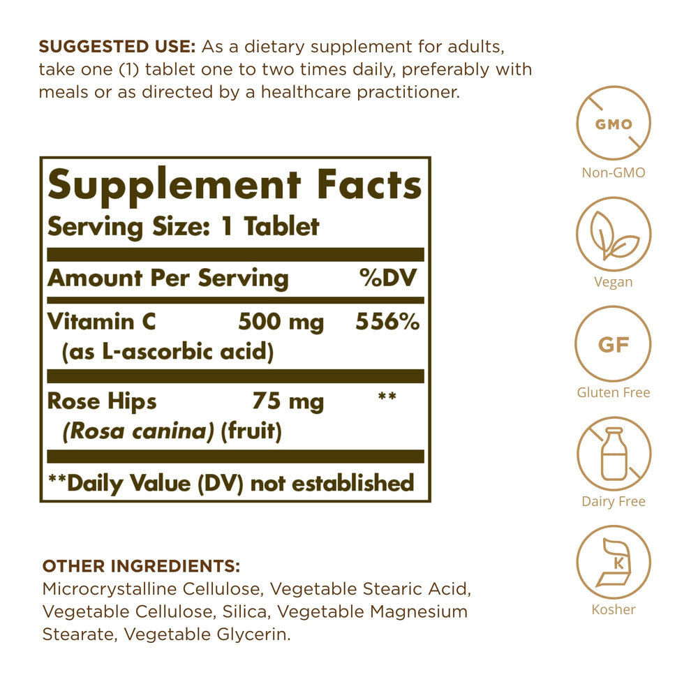 Close-up of Solgar Vitamin C 500 mg with Rose Hips tablets