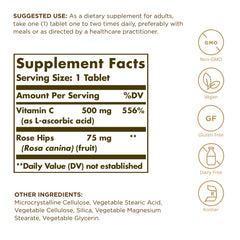 Close-up of Solgar Vitamin C 500 mg with Rose Hips tablets