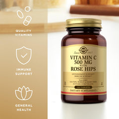 Bottle of Solgar Vitamin C 500 mg with Rose Hips on a white background