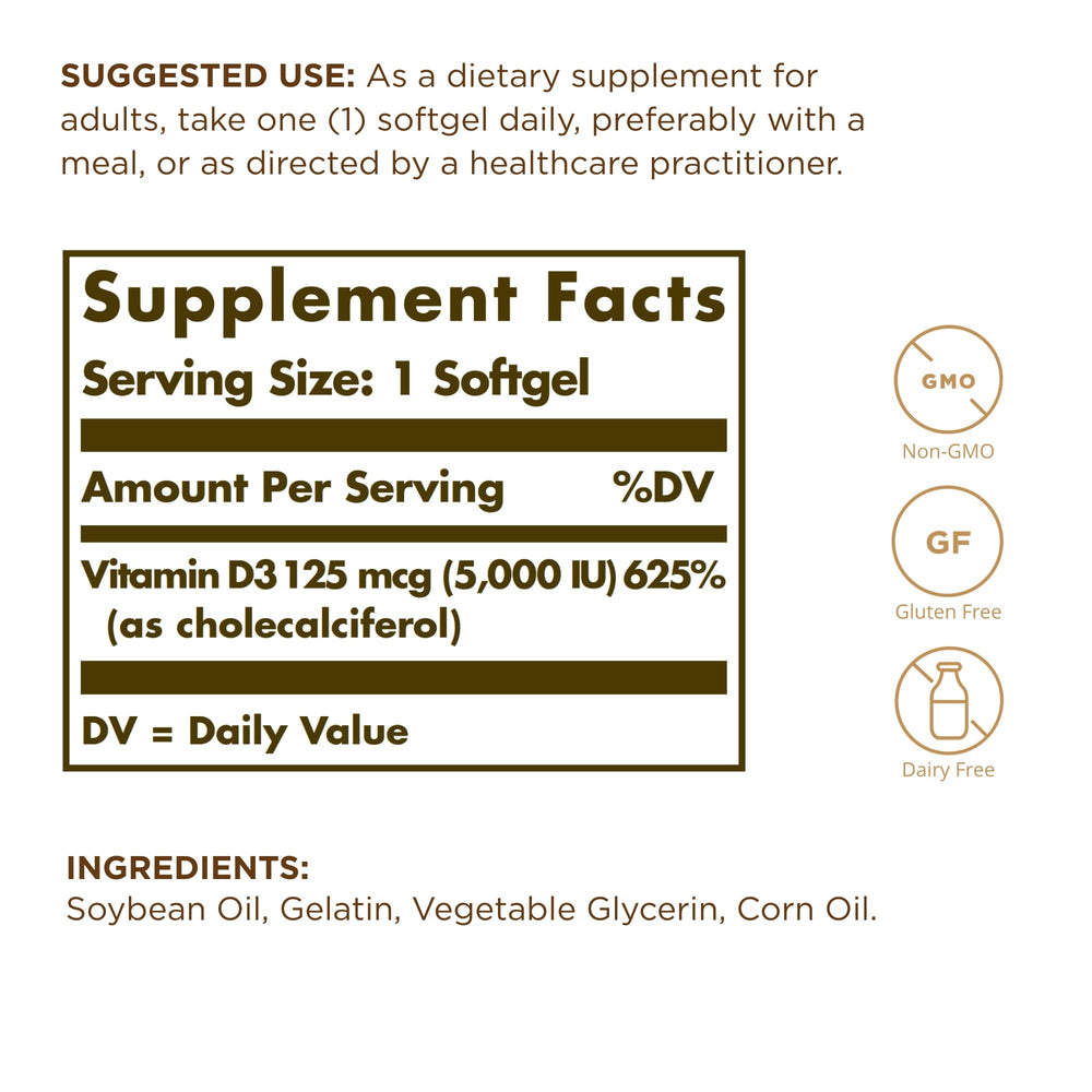 Close-up of Solgar Vitamin D3 Softgels in bottle