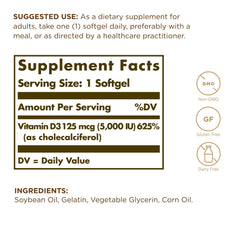 Close-up of Solgar Vitamin D3 Softgels in bottle