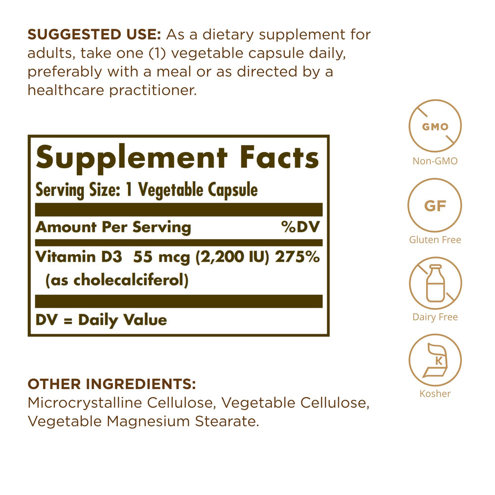 Close-up of Solgar Vitamin D3 bottle and label