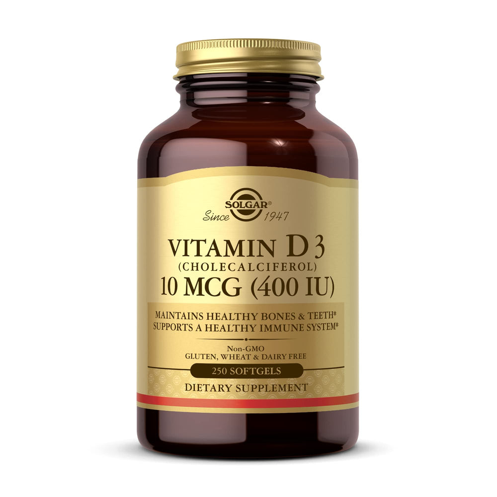 Solgar Vitamin D3 softgels bottle closeup highlighting bone health support.