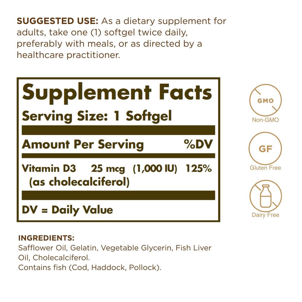Close-up of Solgar Vitamin D3 softgels package label