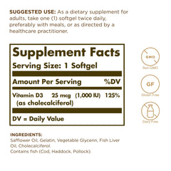Close-up of Solgar Vitamin D3 softgels package label