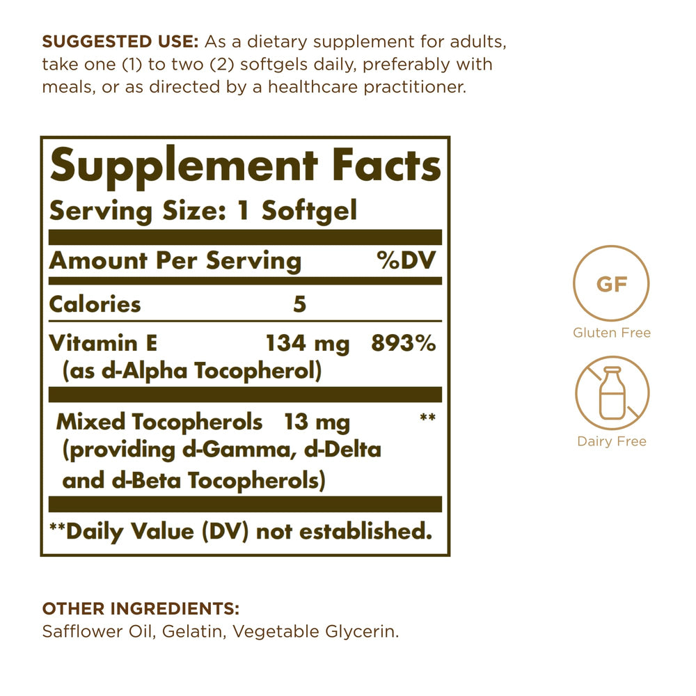 Front view of Solgar Vitamin E 200 IU bottle with 100 softgels
