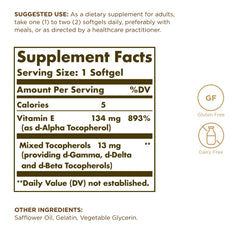 Front view of Solgar Vitamin E 200 IU bottle with 100 softgels