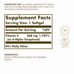 Solgar Vitamin E 268 mg (400 IU) softgels bottle side view