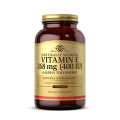 Solgar Vitamin E 268 mg bottle front shows gluten-free assurance for shoppers.