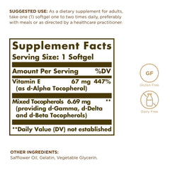Close-up of Solgar Vitamin E softgels in bottle