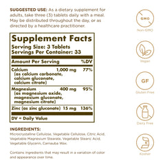 Solgar Calcium Magnesium Plus Zinc bottle back with supplement facts