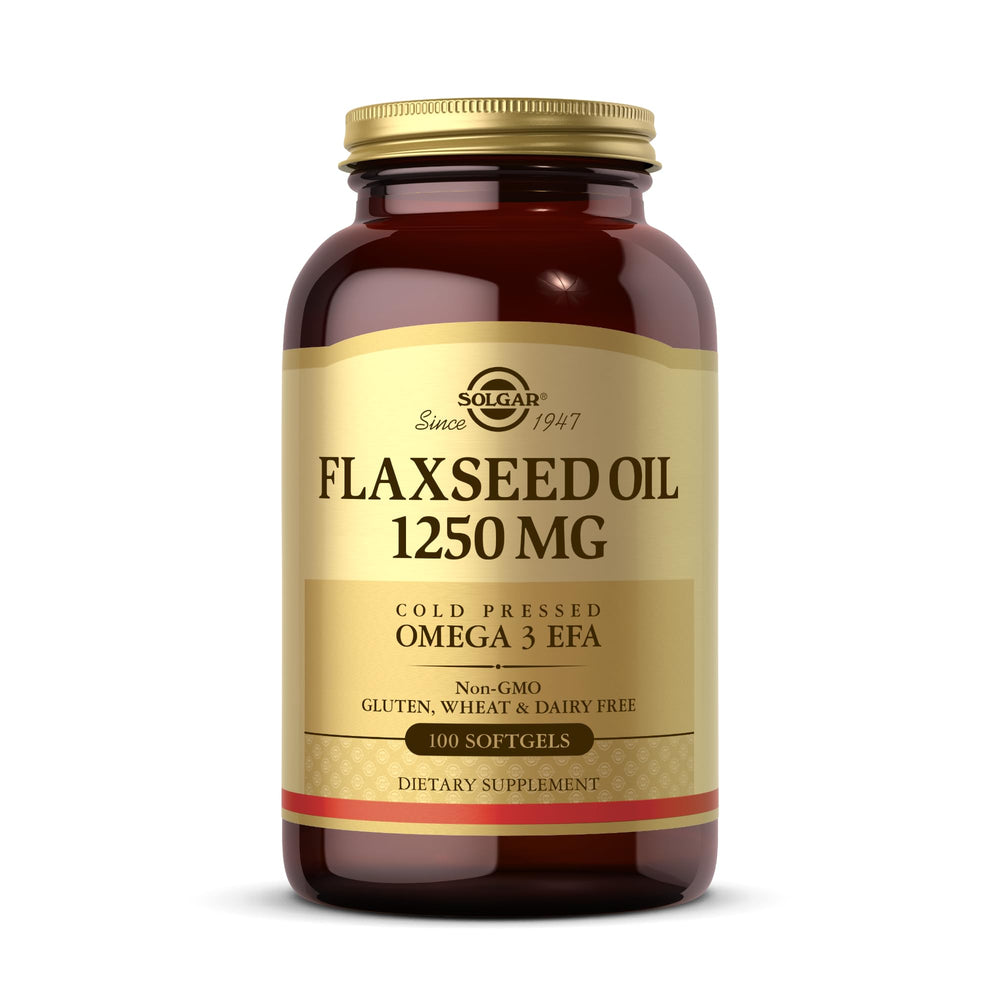Front view of Solgar Flaxseed Oil 1250 mg bottle with 100 softgels