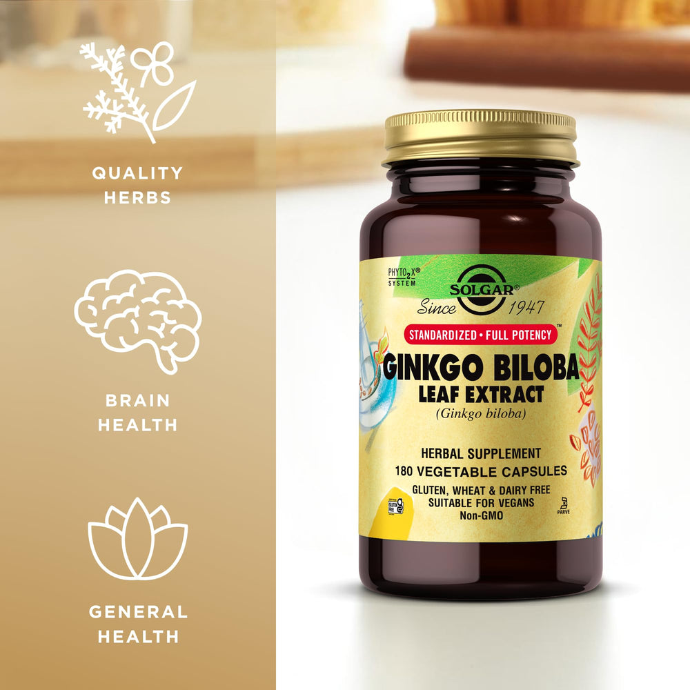Solgar Ginkgo Biloba Leaf Extract label and front bottle