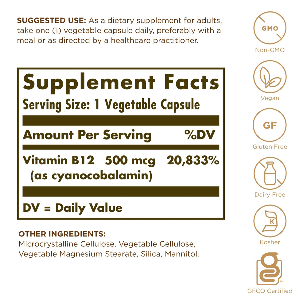 Solgar Vitamin B12 500 mcg label