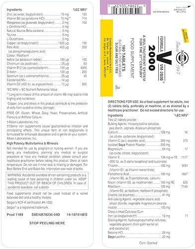 Solgar VM-2000 bottle back with label information