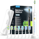 Front view of a white sonic electric toothbrush with 40,000 VPM cleaning power.